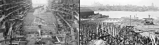 Hull No. 106 under construction at West Coast Ship Builders Limited City of Vancouver Archives, M-7-50, photographer W. J. Moore.